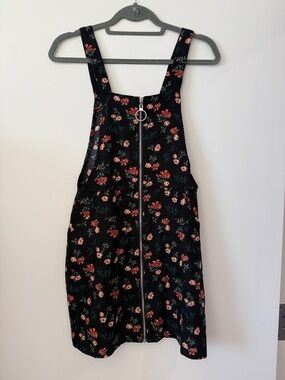 Black Floral Zip-Front Pinafore Dress